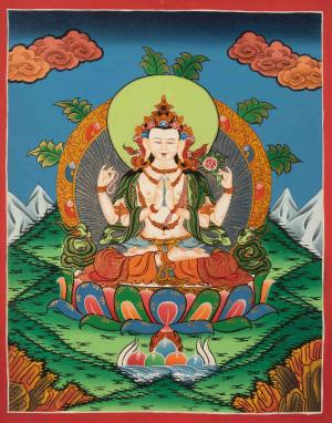 Original Hand-Painted  Four Armed Chenrezig Thangka | Bodhisattva Thangka Painting | Tibetan Buddhism